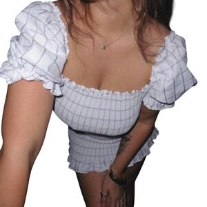 Y2K Fashion Nova White Plaid Mini Dress, Puff Sleeve, Smocked, Ruffle Trim, XL